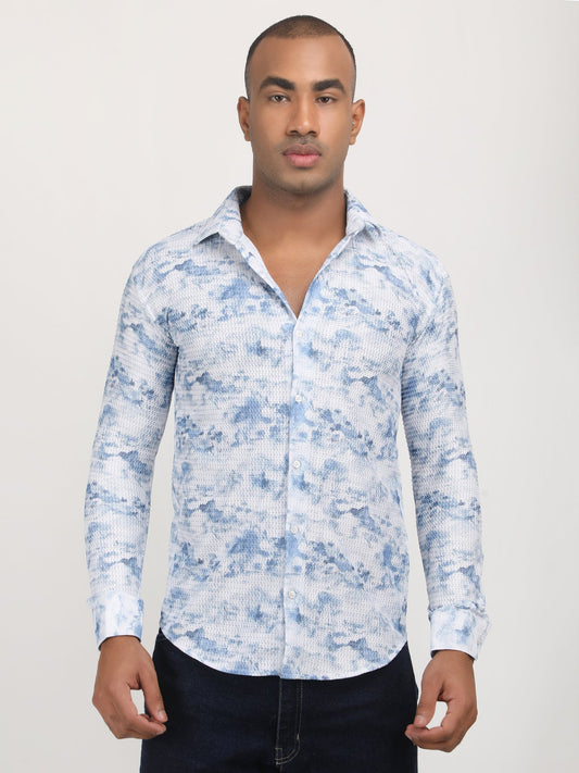 White Blue Marble Print Turkish Weave Shirt