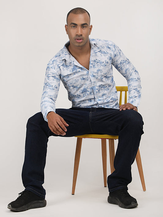 White Blue Marble Print Turkish Weave Shirt