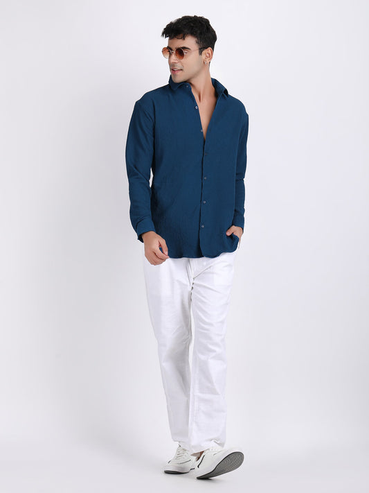 Dark Blue Popcorn Texture Full Sleeves Shirt