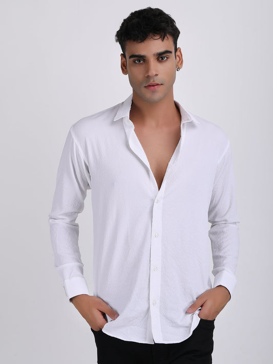 White Popcorn Texture Full Sleeves Shirt