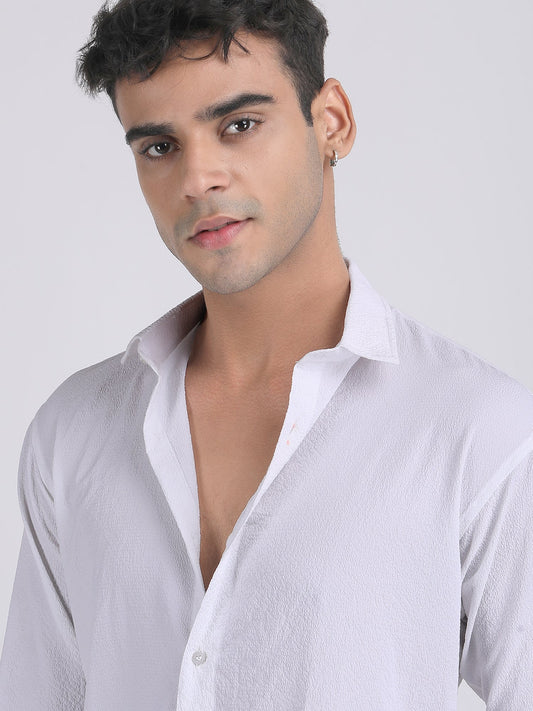 White Popcorn Texture Full Sleeves Shirt