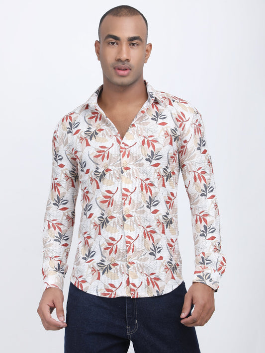 White Floral Print Turkish Weave Shirt