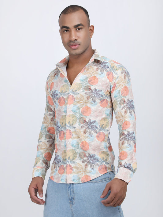 Cream Floral Print Turkish Weave Shirt
