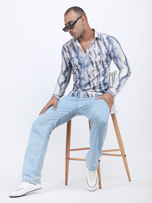 White Blue Marble Print Turkish Weave Shirt