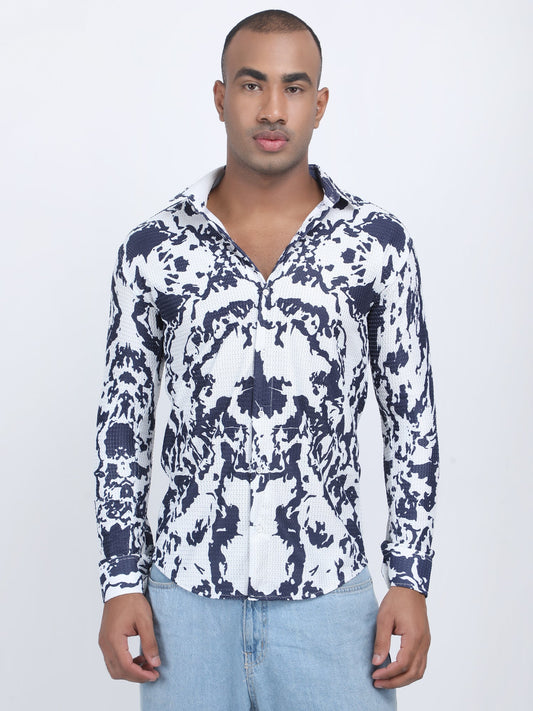 White Navy Printed Turkish Weave Shirt