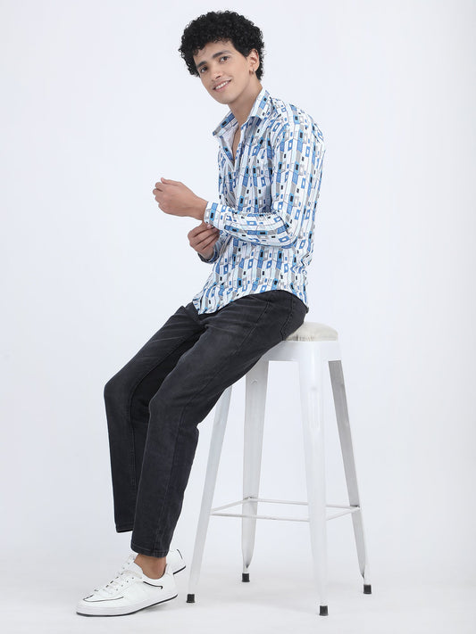 White Linear Design Turkish Weave Shirt