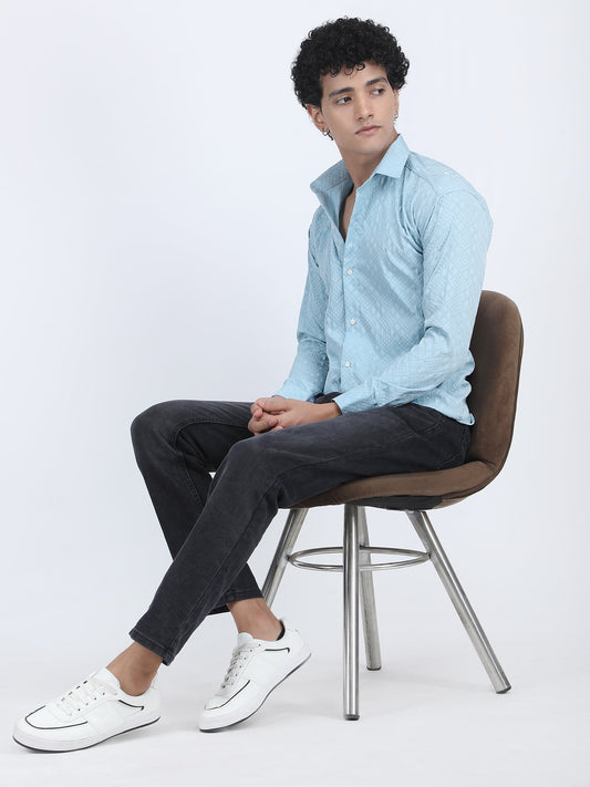 Sky Blue Jacquard Designer Embossed Shirt