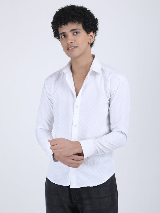 White Jacquard Designer Embossed Shirt