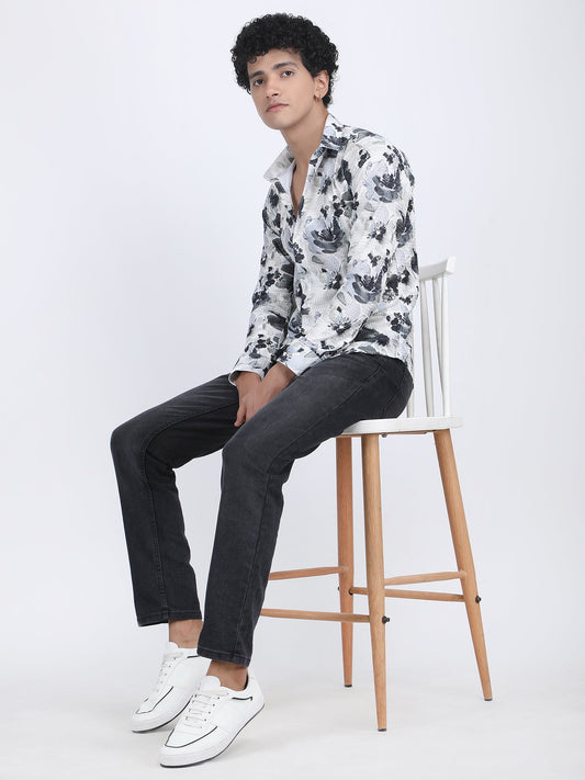 White Grey Floral Printed Turkish Weave Shirt