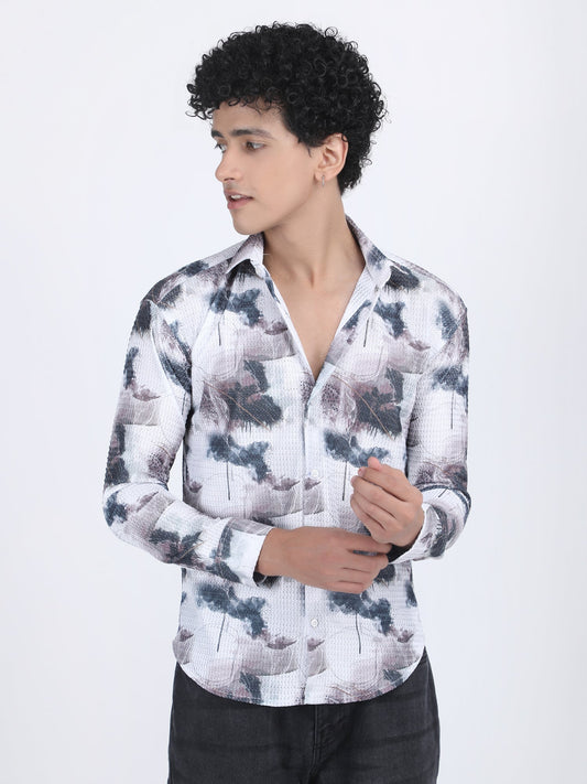 White Grey Printed Turkish Weave Shirt