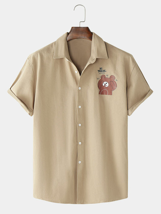 Mens Cartoon Bear Chest Print Cotton Cute Short Sleeve Shirts