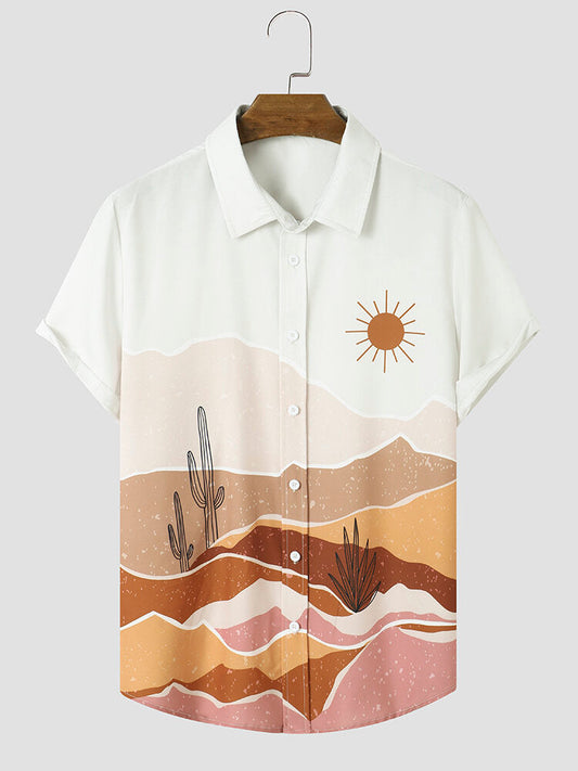 Mens Cactus Desert Scenery Print Holiday Short Sleeve Shirts